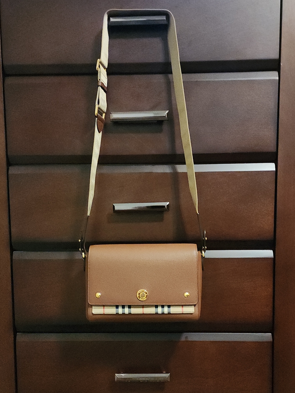 Burberry Tan Leather Shoulder Bag with Classic Check Accent